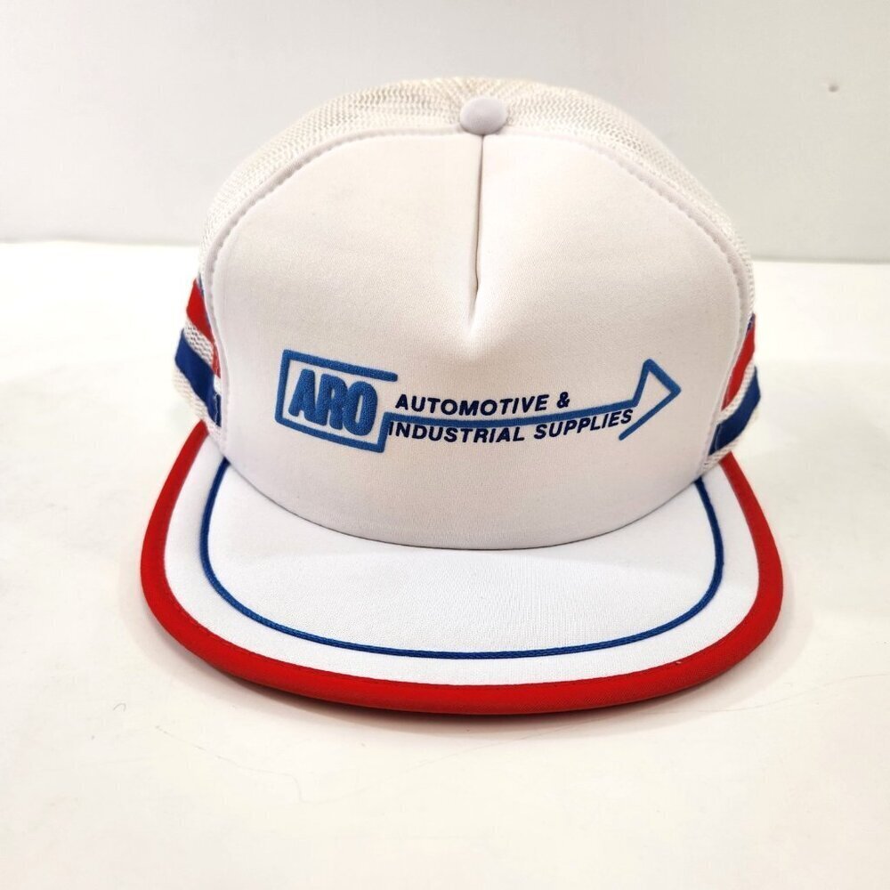 ARO Automotive Industrial Supplies Snapback 3 Stripe Trucker Hat White Vtg 1980s
